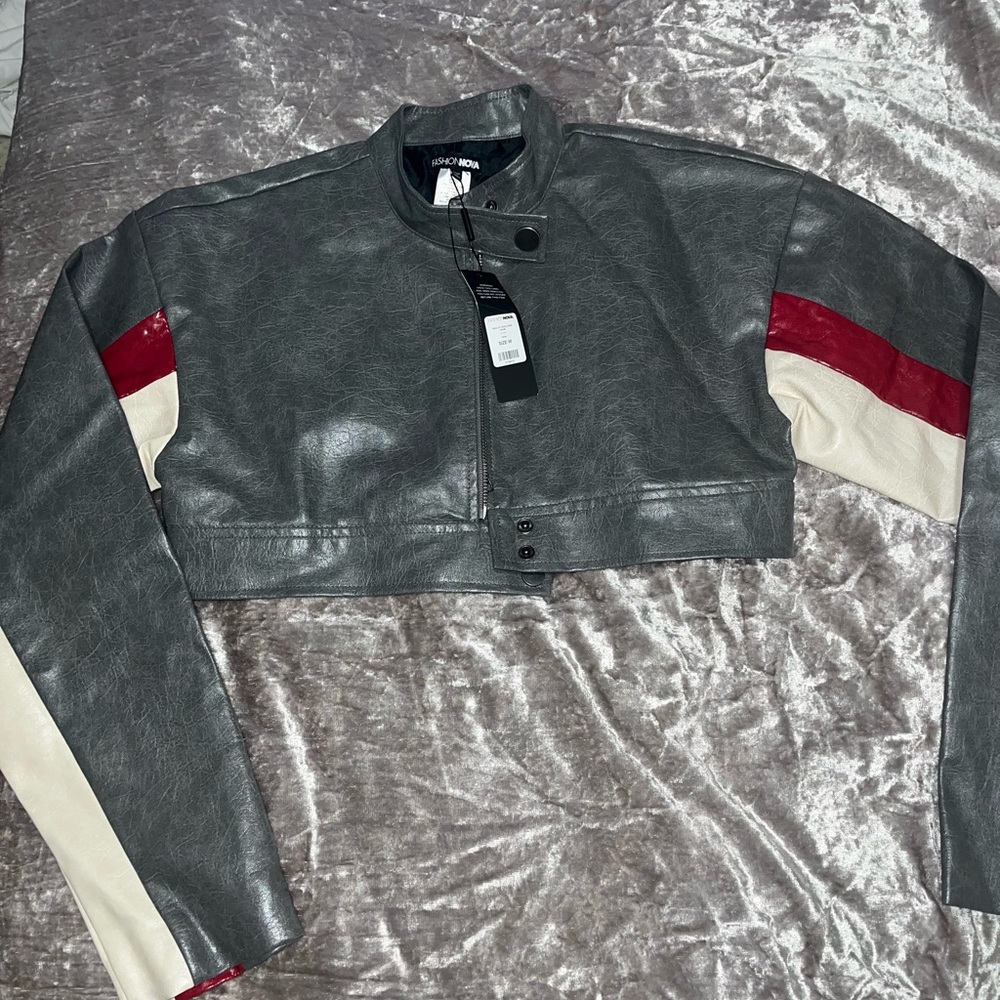 Fashion Nova Gray and Red Moto Jacket